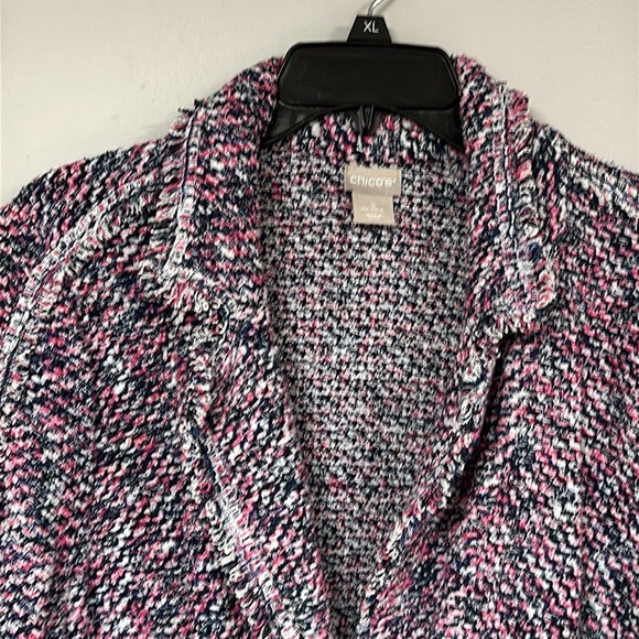 Chicos pink & blue marled nubby mid weight cardigan sweater with fringe, XL - Picture 6 of 10